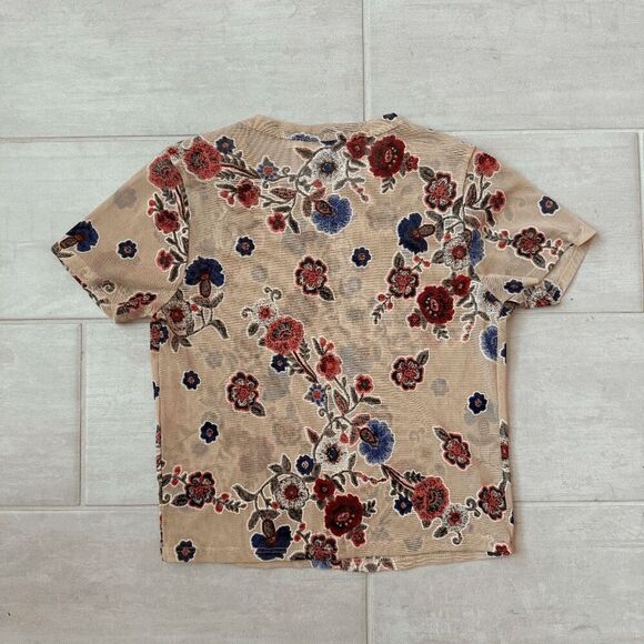 Ginger G Blouse Top Tan Floral Short Sleeve Stretch Unique Boho Chic Festival S - Picture 2 of 6